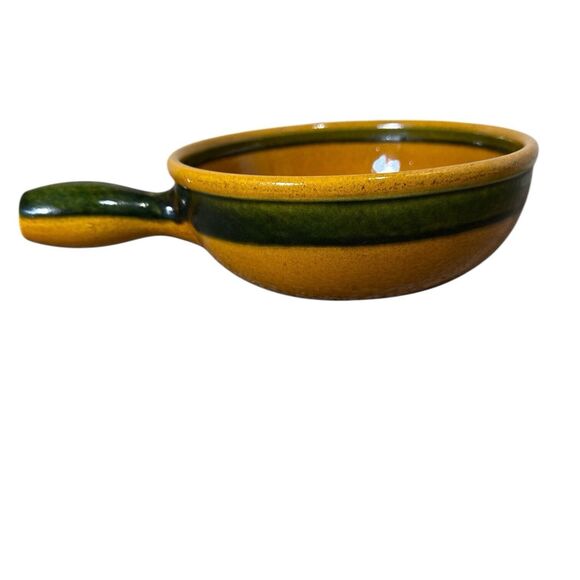 Landert 20 Two Tone Mustard Yellow Green Stripe Fondue Casserole Stoneware Pot - Picture 5 of 11
